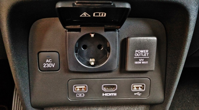 Stecker, 230V, 12V, HDMI und USB im Honda e im Test