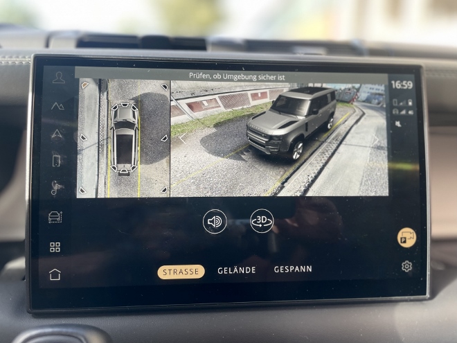 Land Rover Defender Langversion 130 D300 AWD zahlreiche Perspektiven der Kamera. In 3D. Straße, Gelände, gespann Betrieb