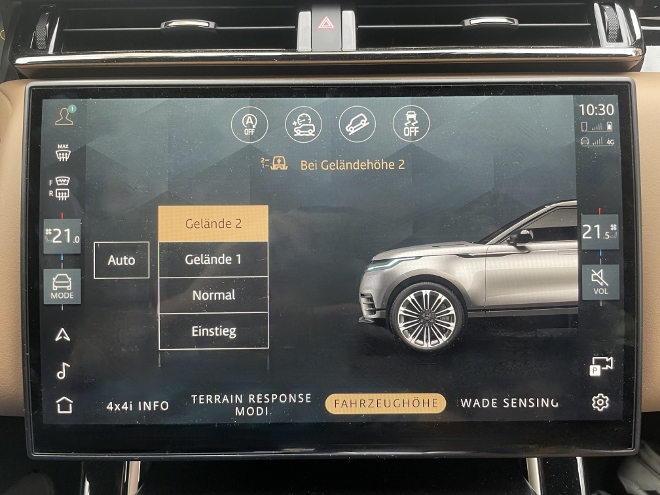 Range Rover Velar P400 AWD Test: Verschiedene Fahrzeughöhen Für die Fahrten im Gelände: Gelände 1, Gelände 2, normal, Einstieg